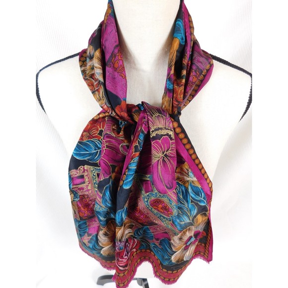 OSCAR DE LA RENTA FLORAL FRINGE HEM SILK SCARF 50"X11" - Picture 1 of 7